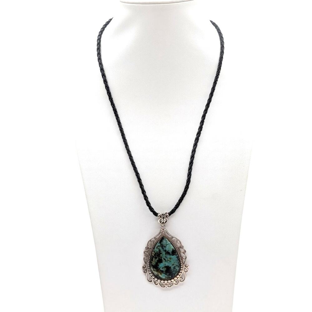 Vintage CFJ Sterling 925 Thailand Turquoise 2.75" x 1.75" Pendant Cord Necklace